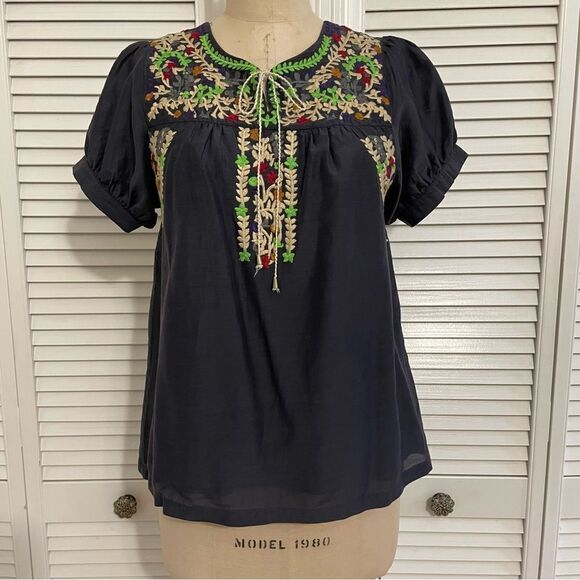 MM Couture Embroidered Navy Boho Peasant Short Sleeve Top Sz-M - Picture 1 of 8